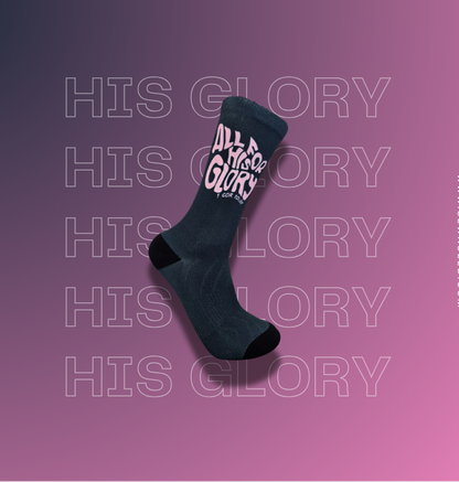 Green-blue crew sock with pink text that says "All for His Glory"