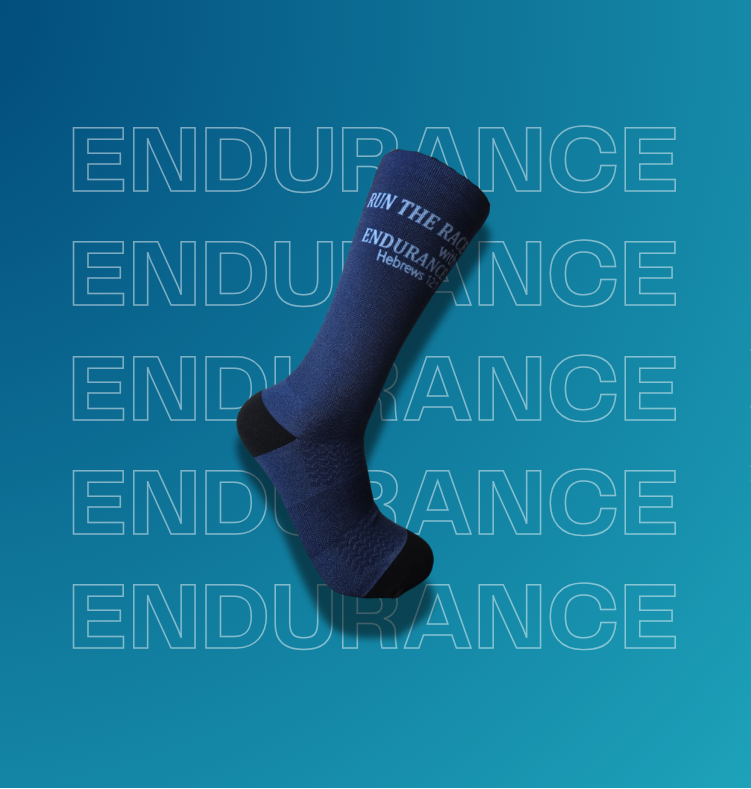 A single dark blue crew sock with black heel and toe sections and white text reading "RUN THE RACE ENDURANCE" on a blue gradient background.