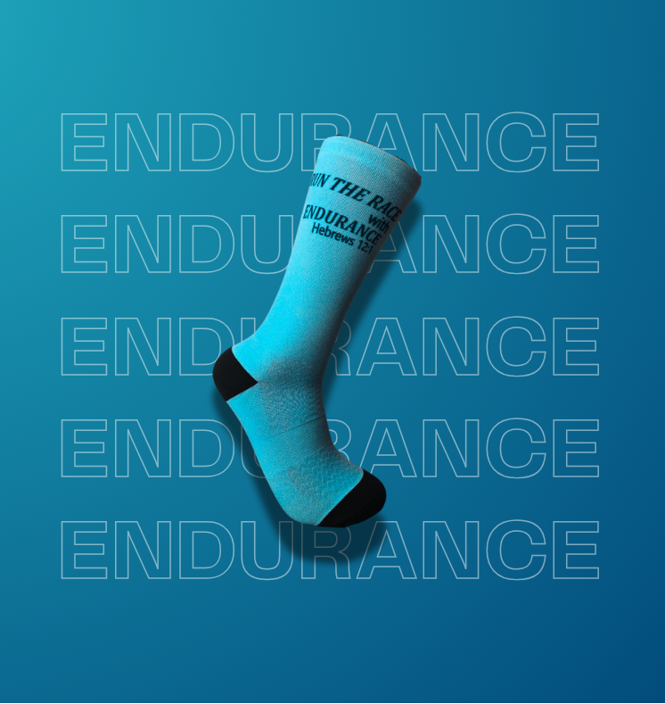 A single light blue crew sock with black heel and toe sections and white text reading 'ENDURANCE' and 'WALK THE RISE', shown against a blue background.