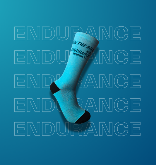 A single light blue crew sock with black heel and toe sections and white text reading 'ENDURANCE' and 'WALK THE RISE', shown against a blue background.