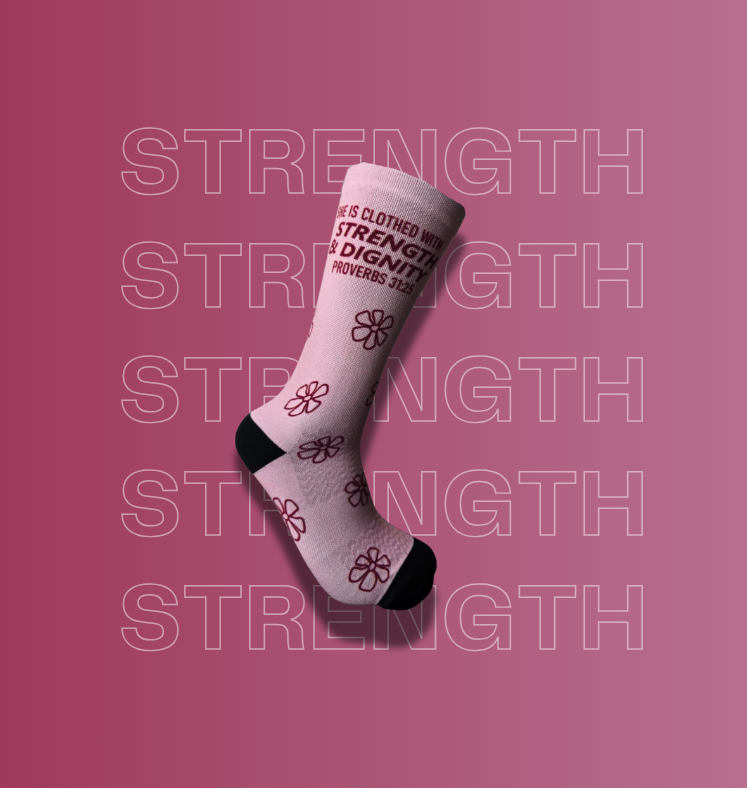 Light Pink Premium activewear socks with Text: She is clothed in Strength and dignity.