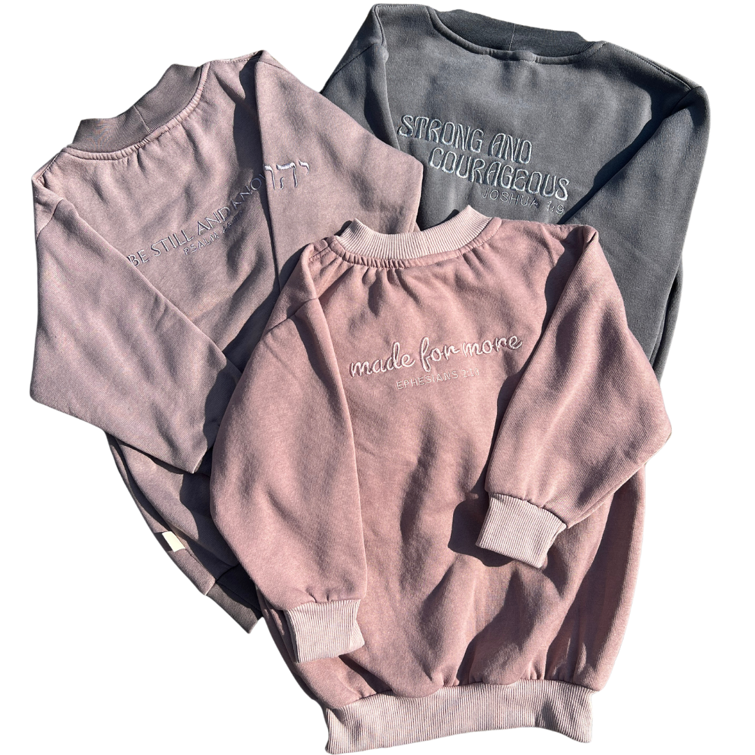 Three sweatshirts in pink, gray, and light pink with text on a white background